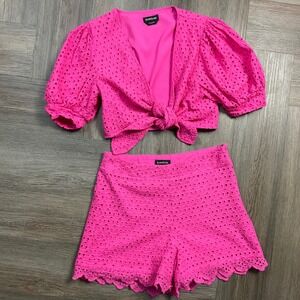 Bebe Eyelet Crop Top & Scalloped Shorts Set Womens 0/2 Pink Barbie Coquette Boho